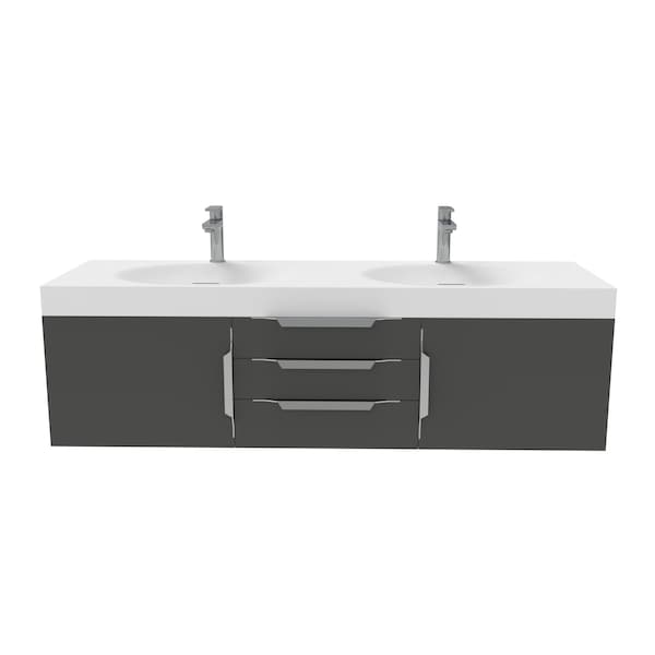 Castello Usa Thames 60-inch Black Vanity Set with White Top and Brushed Nickel Handles CB-MC-60BLK-BN-20146-WH - main